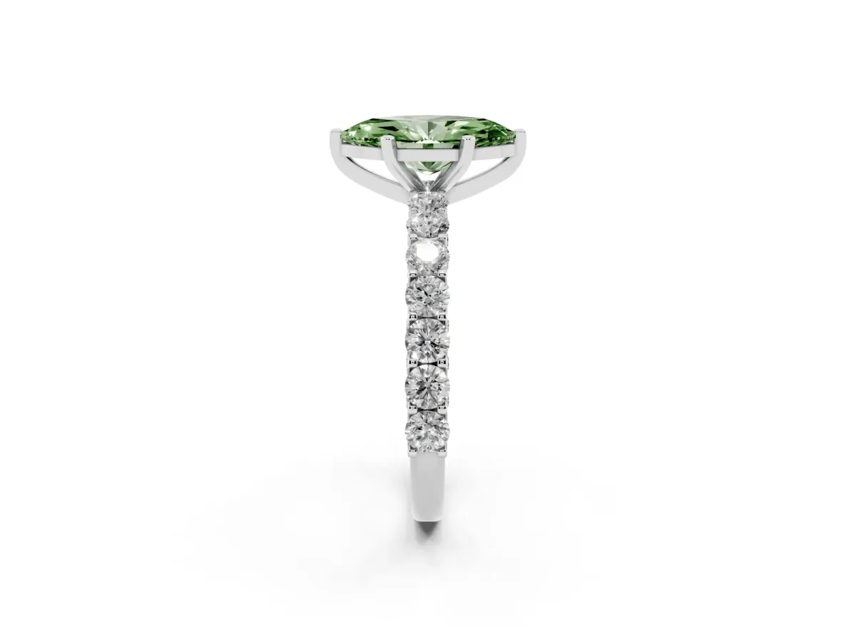Fancy Green Marquise Cut Diamond Solitaire Ring with Shared Prong Pavé Band and Four-Prong Setting White gold