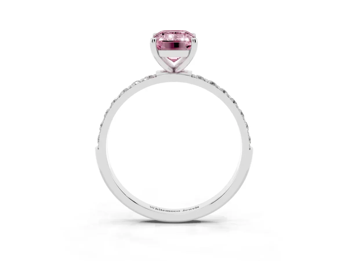 Fancy Pink Emerald Cut Diamond Solitaire Ring with Round Pavé Shoulders and Prong Setting Platinum