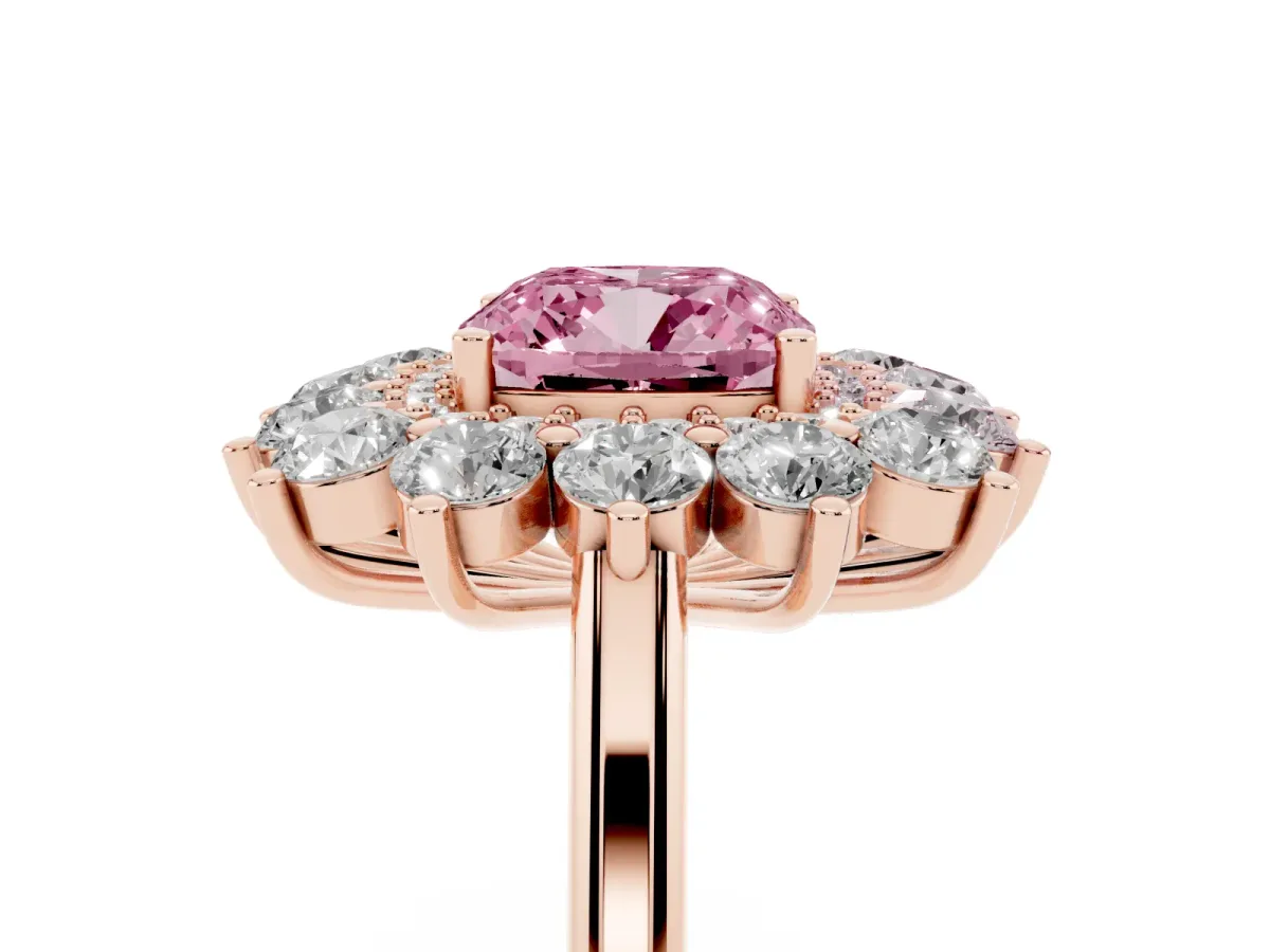 Fancy Pink Cushion Cut Diamond Floral Double Halo Engagement Ring with Prong Setting Rose gold