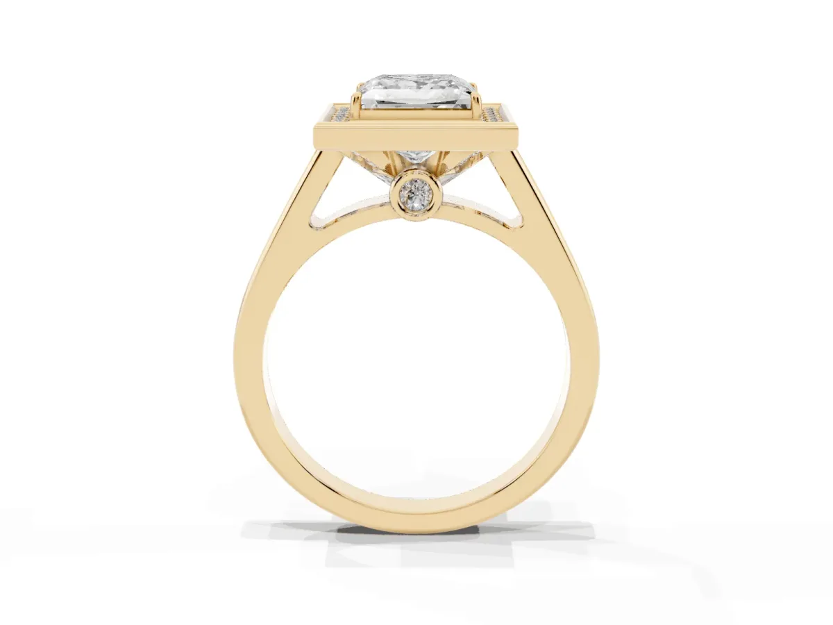 Princess Cut Halo Solitaire Diamond Ring with Pave Band and Bezel Setting Yellow gold