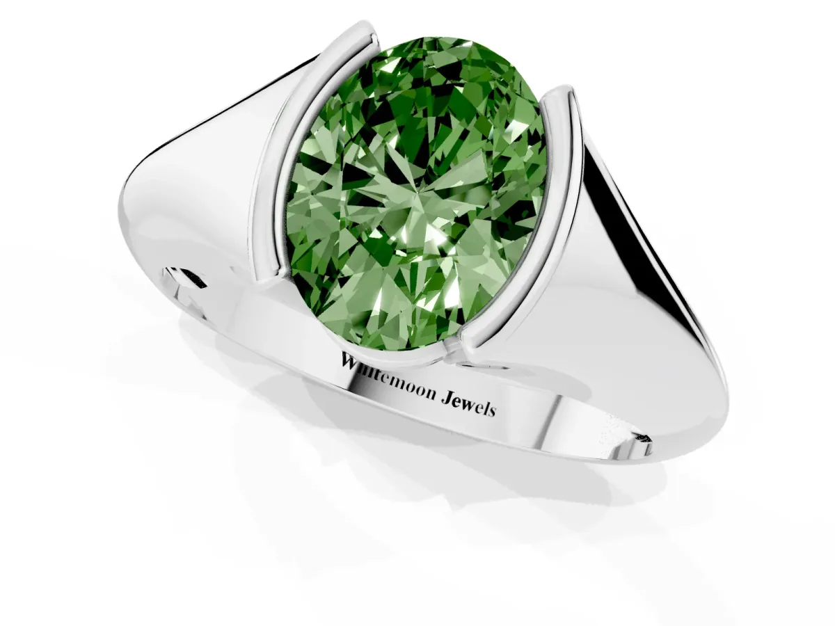 Fancy Green Oval Cut Solitaire Tension Set Diamond Ring Silver