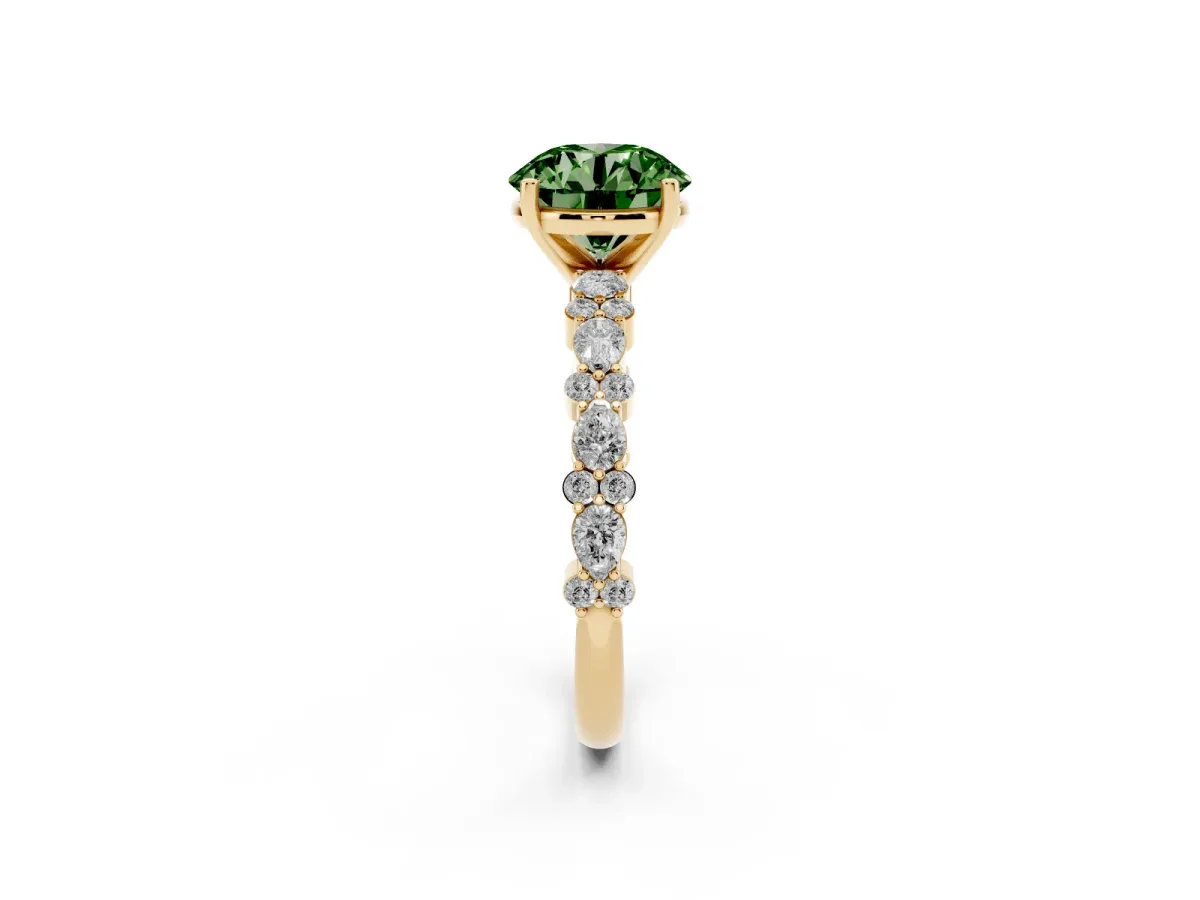 Fancy Green Round Cut Diamond Side Stone Solitaire Ring with Round and Four-Prong Setting Yellow gold