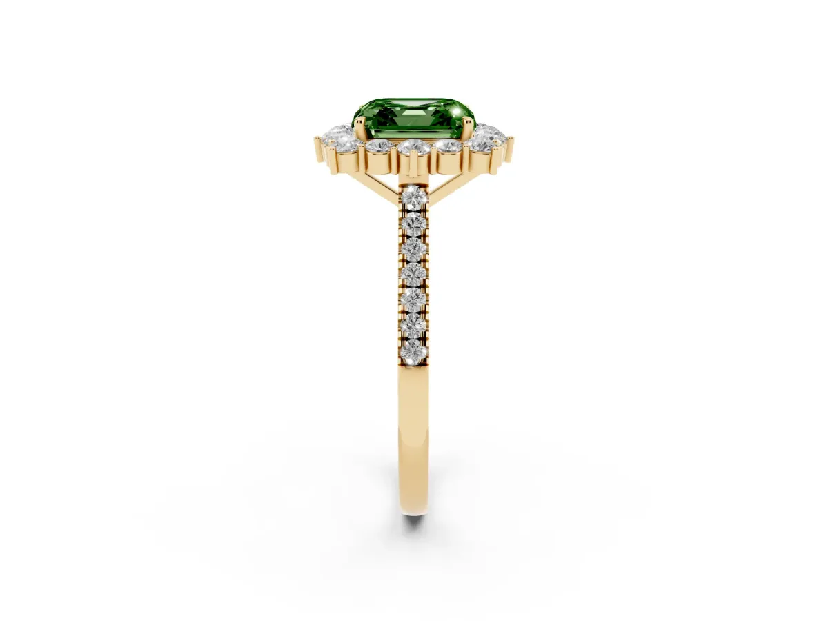 Fancy Green Asscher Cut Halo Diamond Ring with Pavé Band and Prong Setting Yellow gold