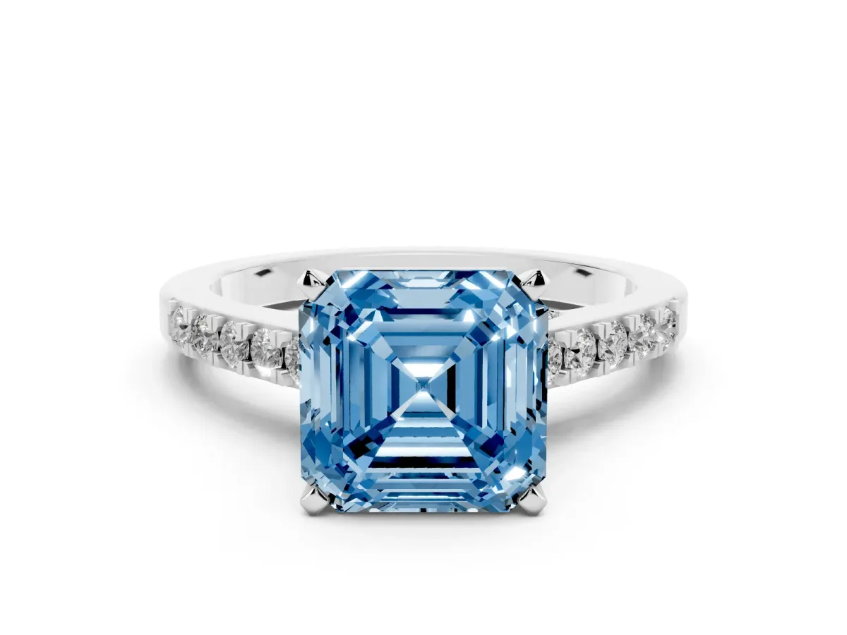 Fancy Blue Asscher Cut Diamond Solitaire Ring with Crossover Gallery and Round Pavé Band Platinum