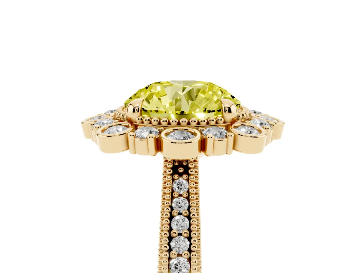 Fancy Yellow Round Cut Halo Milgrain Pave Diamond Ring with Four-Prong Setting Yellow gold