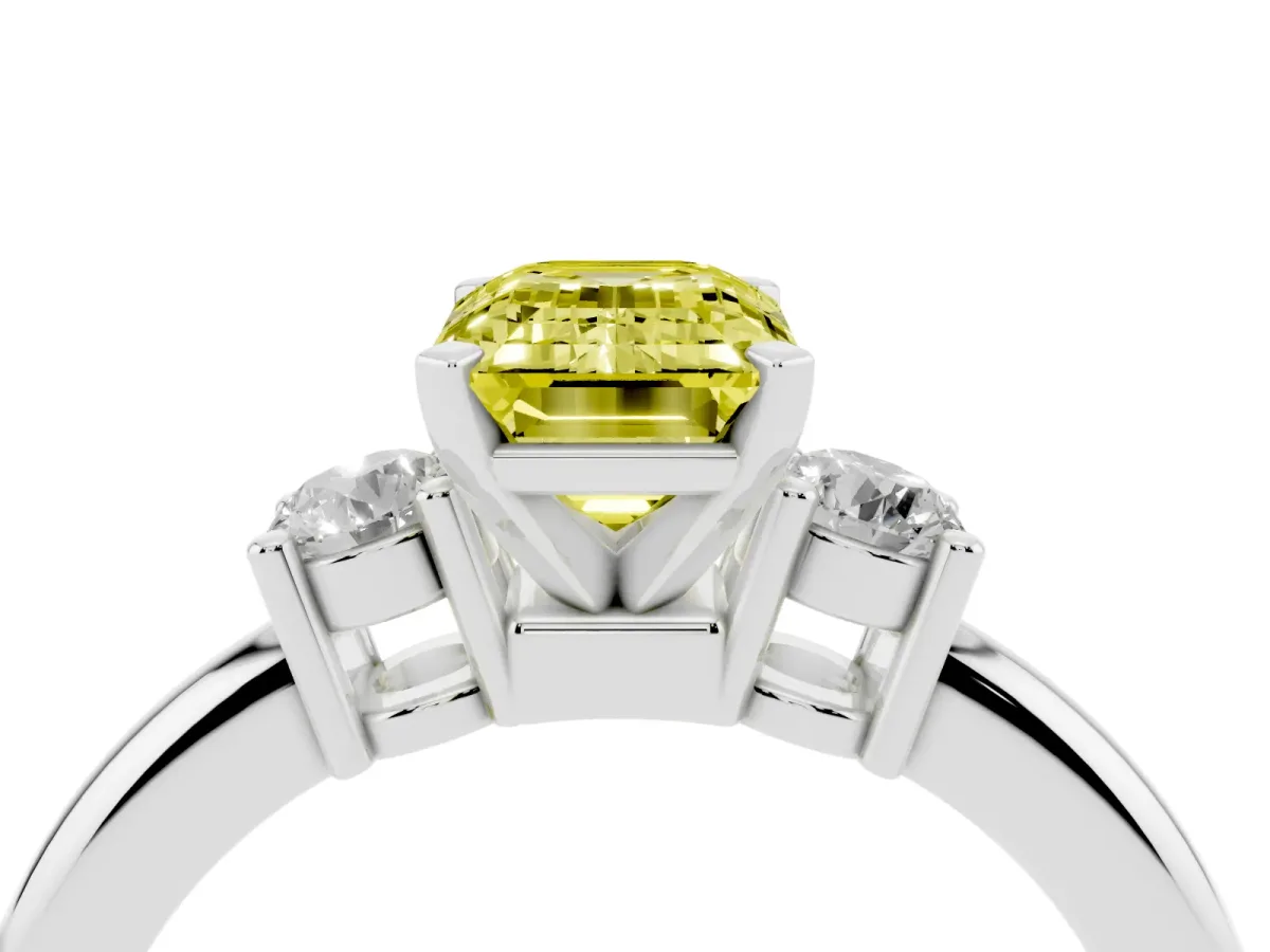 Fancy Yellow Three-Stone Emerald Cut Cut Diamond Solitaire with Prong Setting and Classic Band Silver
