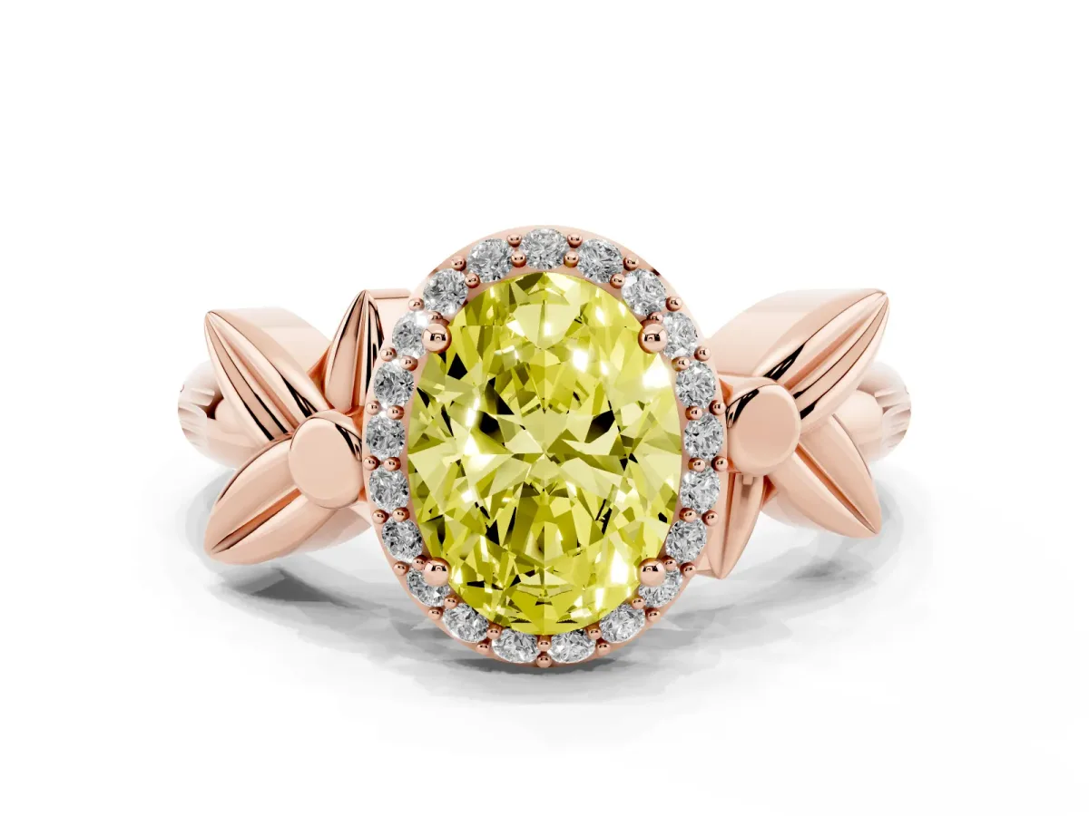 Fancy Yellow Oval Cut Halo Diamond Floral Band with Four-Prong Setting Rose gold