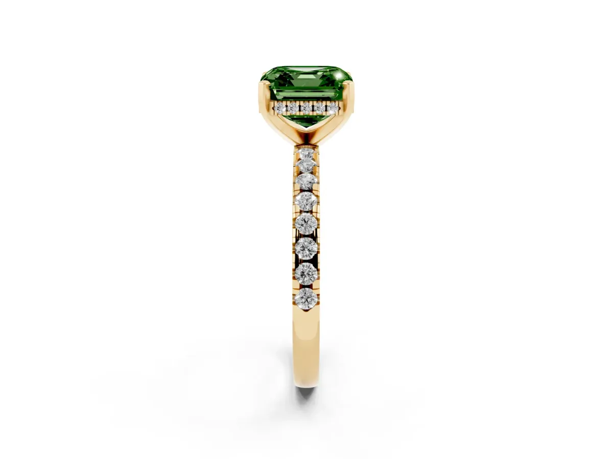 Fancy Green Asscher Cut Diamond Solitaire Ring with Round Pavé Band and Four-Prong Setting Yellow gold