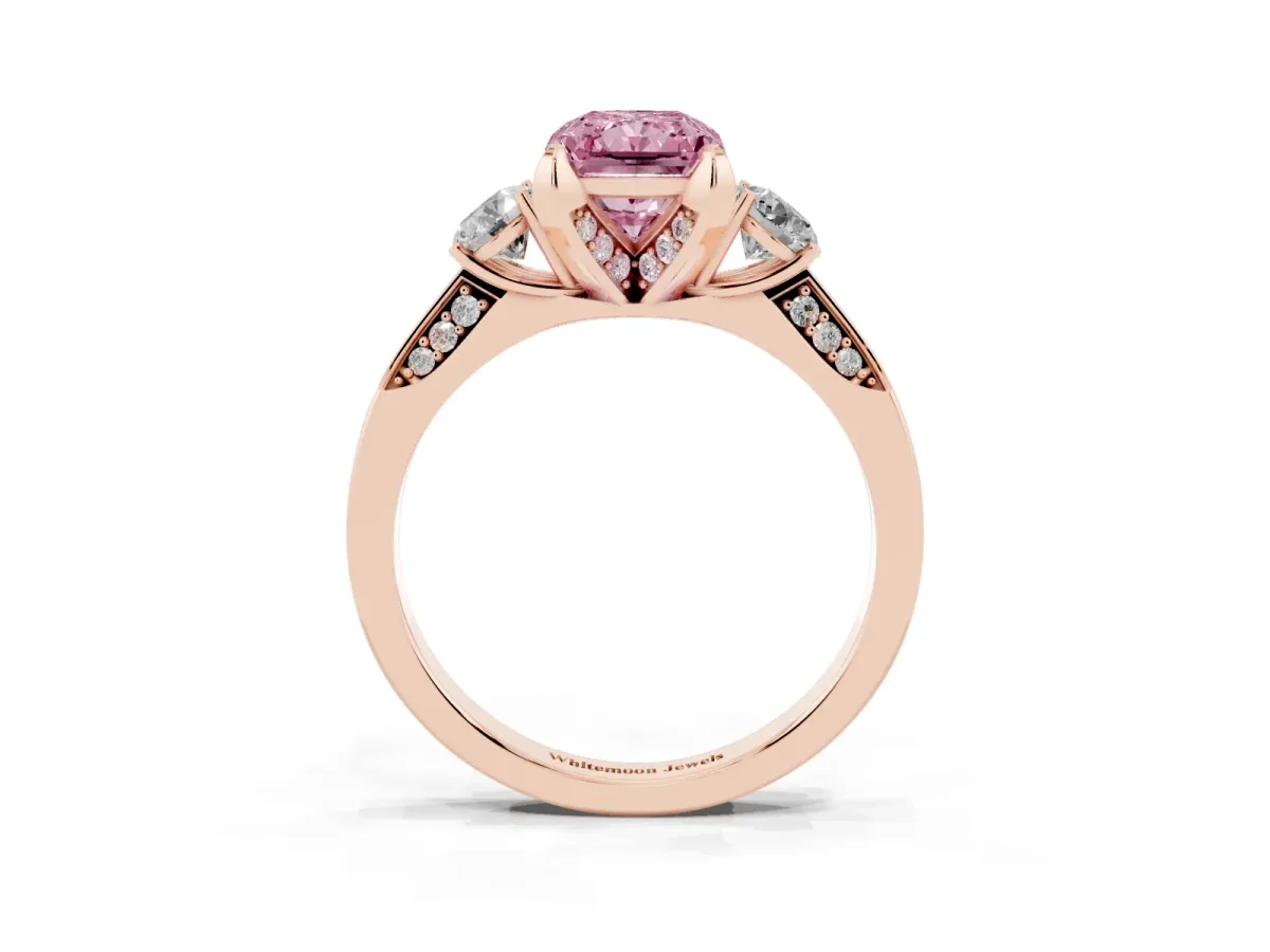 Fancy Pink Radiant Cut Brilliant Three-Stone Diamond Ring with Pavé Band and Four-Prong Setting Rose gold