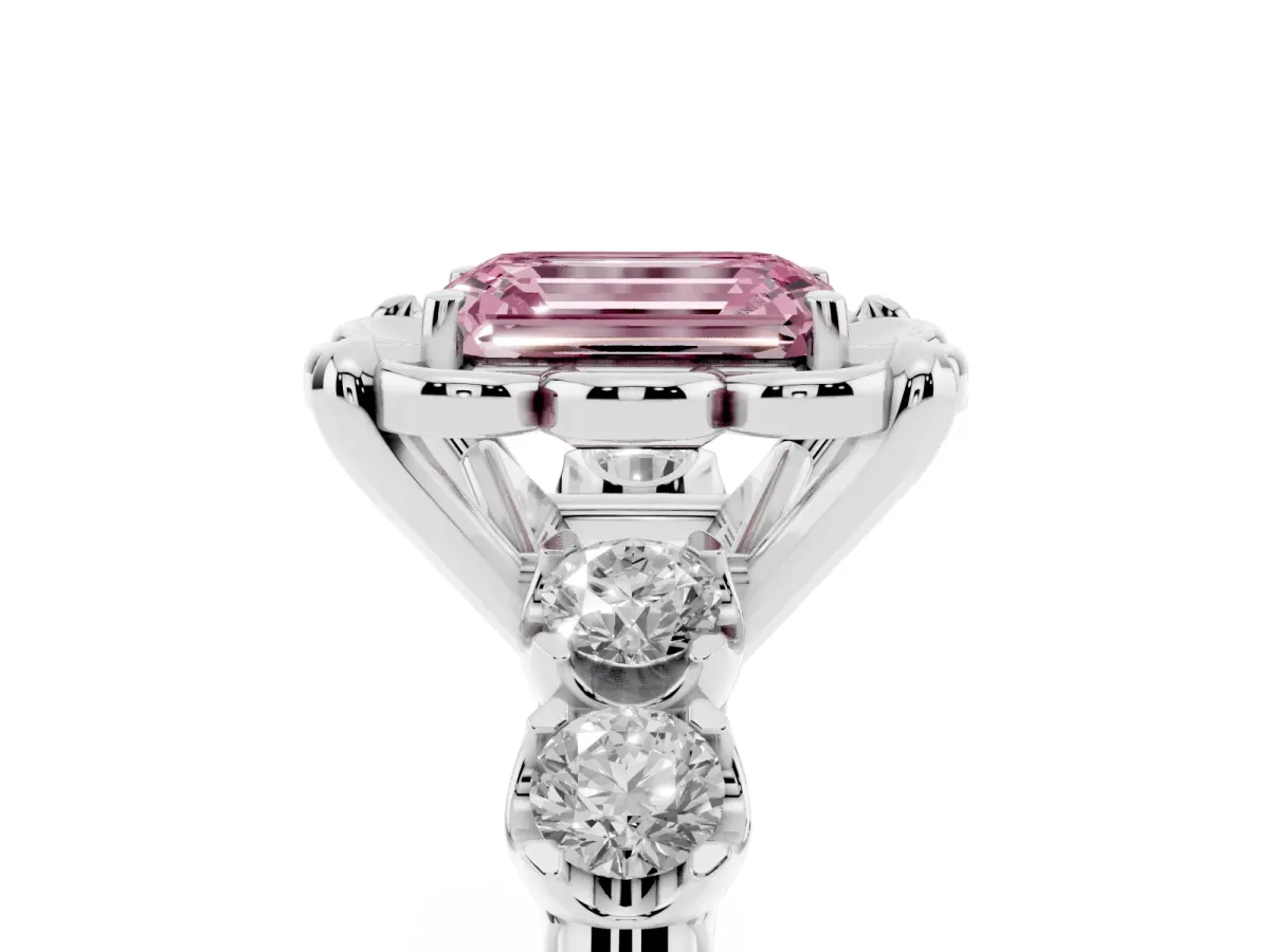 Fancy Pink Emerald Cut Cut Diamond Floral Halo Engagement Ring with Shared Prong Setting Silver