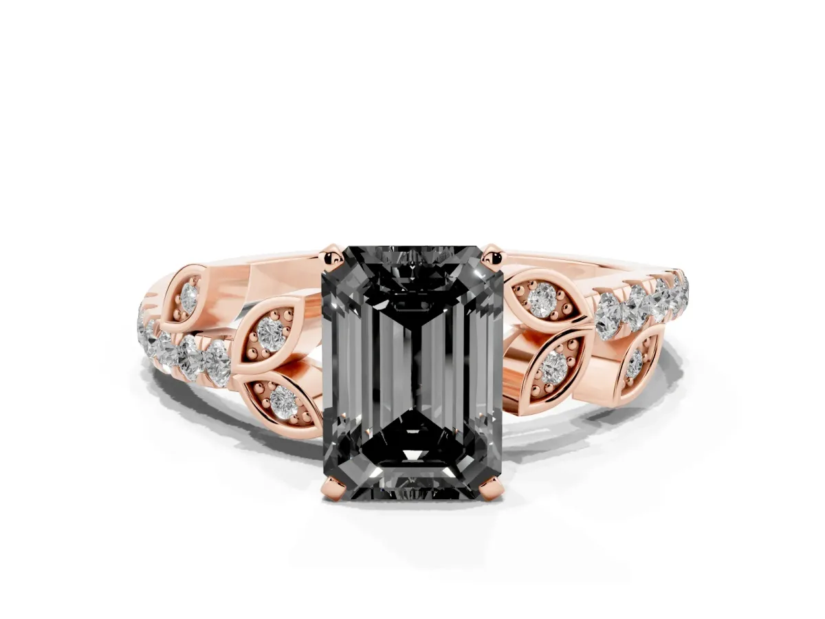 Fancy Black Emerald Cut Solitaire Leaf-Inspired Diamond Ring with Pavé Band and Four-Prong Setting Rose gold