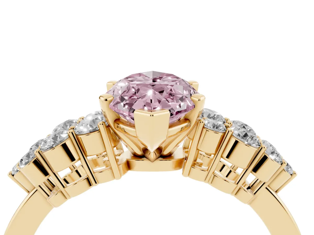 Fancy Pink Marquise Cut Cluster Diamond Engagement Ring with Pavé Band and Four-Prong Setting Yellow gold