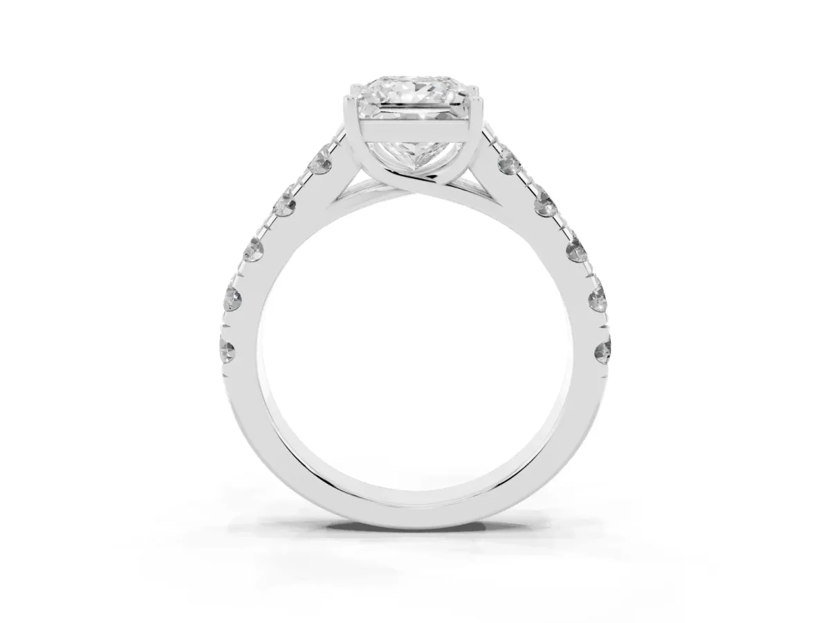 Princess Cut Cut Diamond Solitaire Ring with Micro Pave Band and Prong Setting Silver