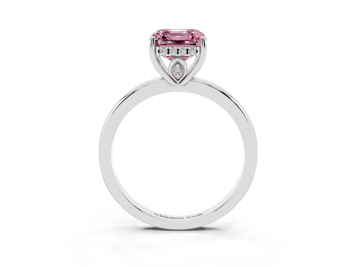 Fancy Pink Asscher Cut Solitaire Diamond Ring with Prong Setting and Plain Band White gold