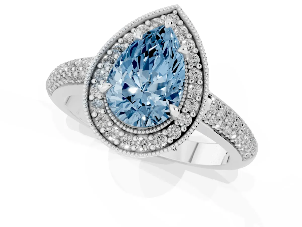 Fancy Blue Pear Cut Cut Halo Diamond Pave Band with Four-Prong Setting Silver