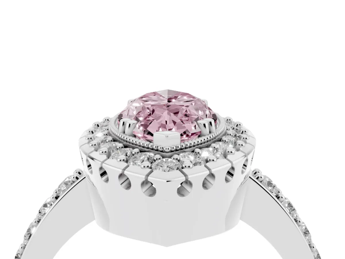 Fancy Pink Marquise Cut Diamond Halo Ring with Pavé Band and Prong Setting White gold