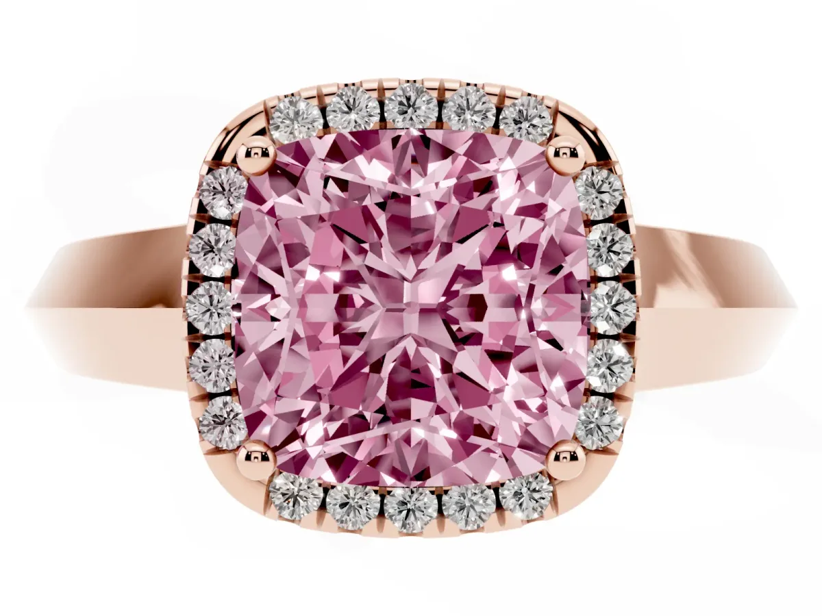 Fancy Pink Cushion Cut Halo Diamond Ring with Cathedral Band and Four-Prong Setting Rose gold