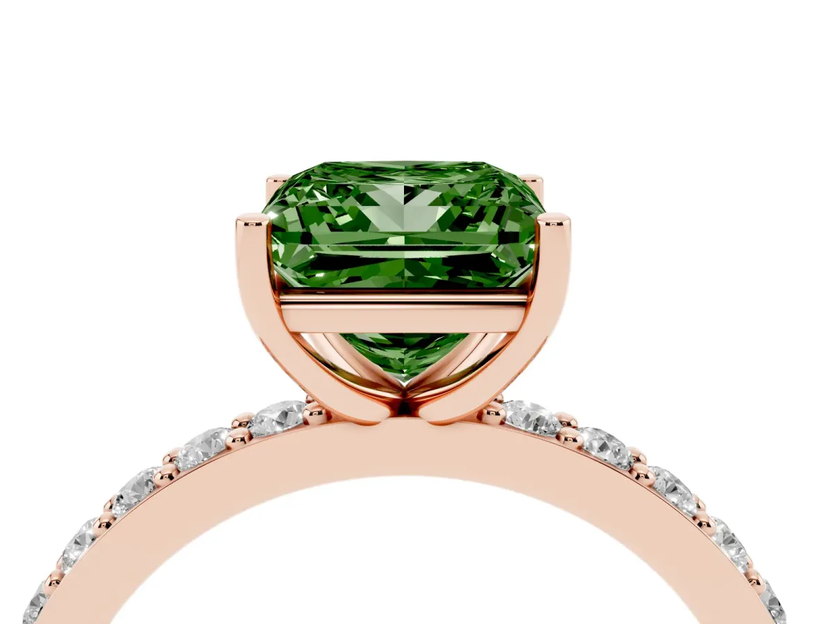 Fancy Green Princess Cut Cut Diamond Solitaire with Pave Band and Four-Prong Setting Rose gold