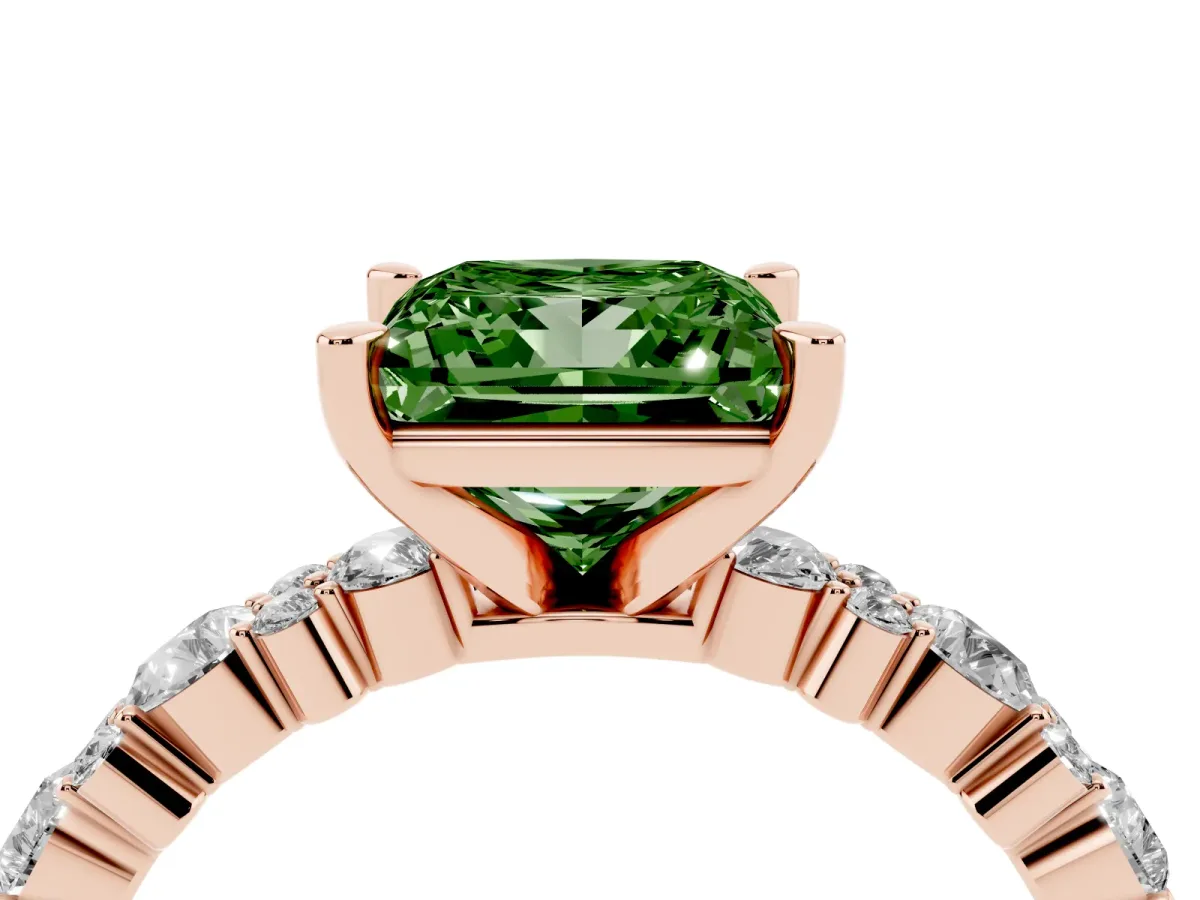Fancy Green Princess Cut Diamond Side Stone Solitaire Ring with Round and Four-Prong Setting Rose gold