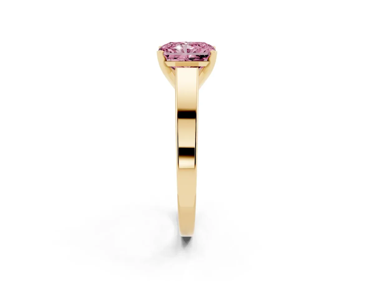 Fancy Pink Radiant Cut Solitaire Engagement Ring with Four-Prong Setting and Tapered Band Yellow gold