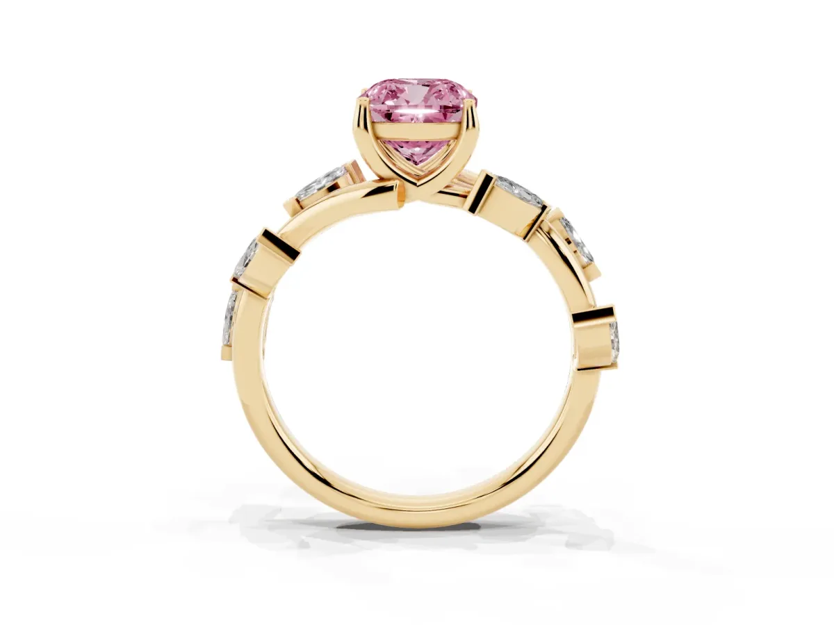 Fancy Pink Cushion Cut Solitaire Twisted Band Marquise Accent Prong Setting Ring Yellow gold