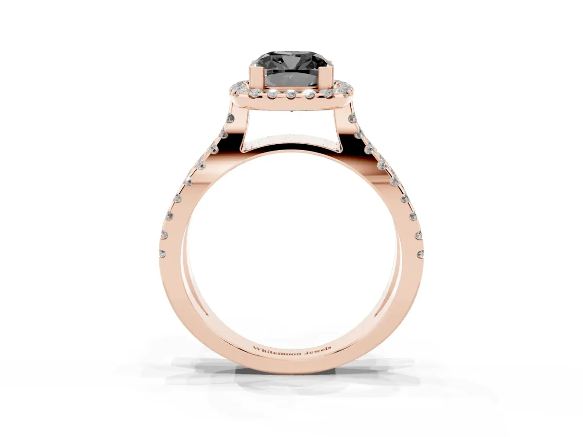 Fancy Black Cushion Cut Diamond Halo Ring with Split Shank Pavé Band and Prong Setting Rose gold