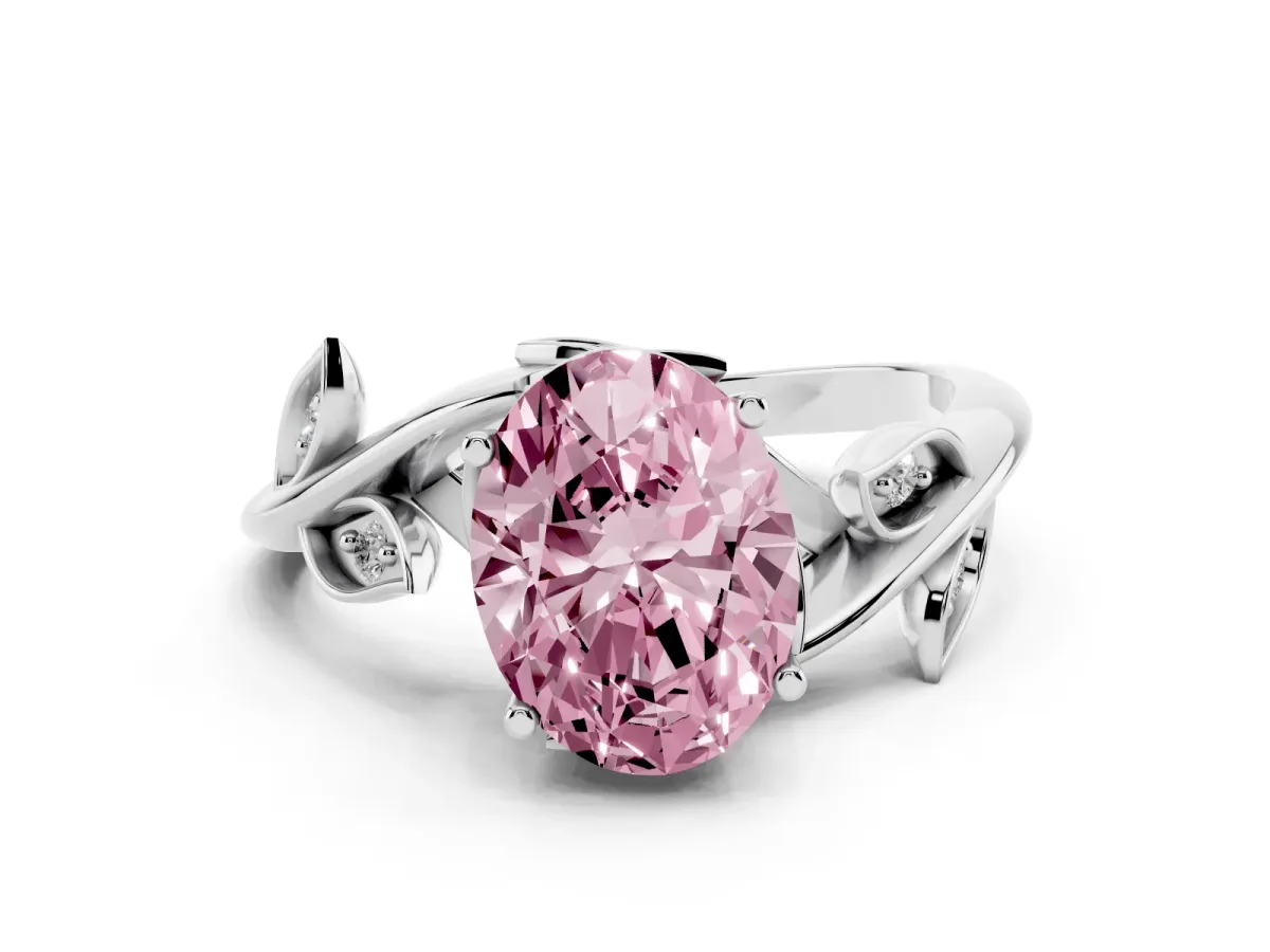Fancy Pink Oval Cut Solitaire Twist Engagement Ring with Leaf Accents and Prong Setting Silver