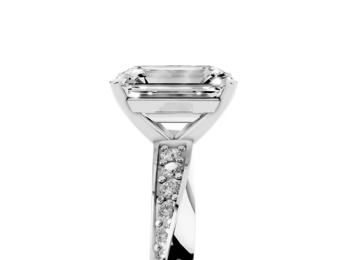 Emerald Cut Diamond Engagement Ring with Side Stone Accents and Four-Prong Setting Silver