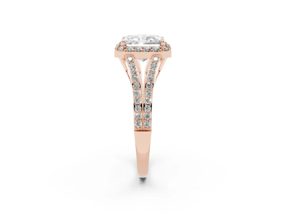 Radiant Cut Halo Split Shank Diamond Ring with Prong Setting Rose gold