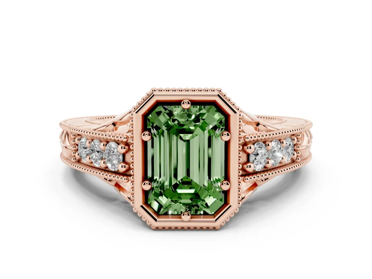 Fancy Green Bezel Set Emerald Cut Diamond Milgrain Pave Engagement Ring Rose gold