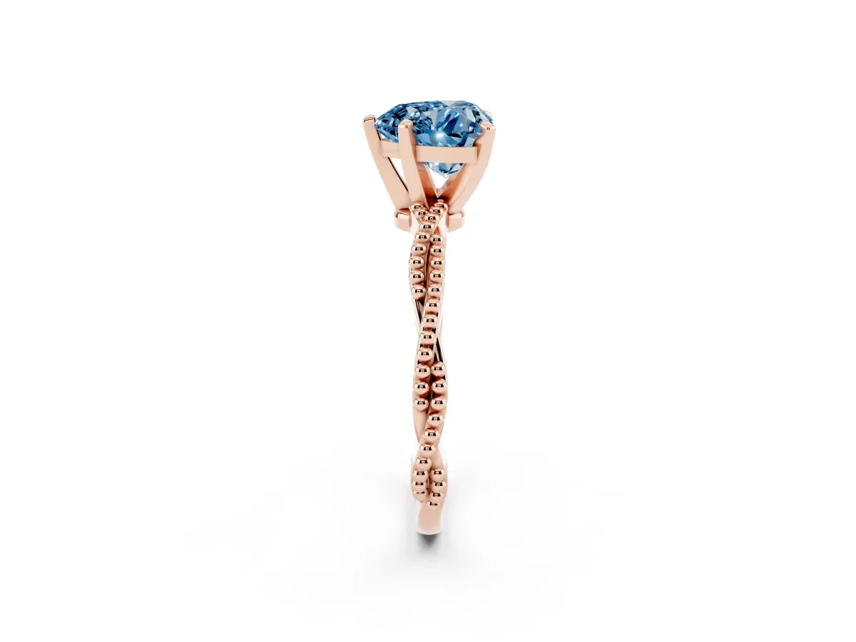 Fancy Blue Heart Cut Solitaire Twisted Band with Bead Prong Setting Rose gold