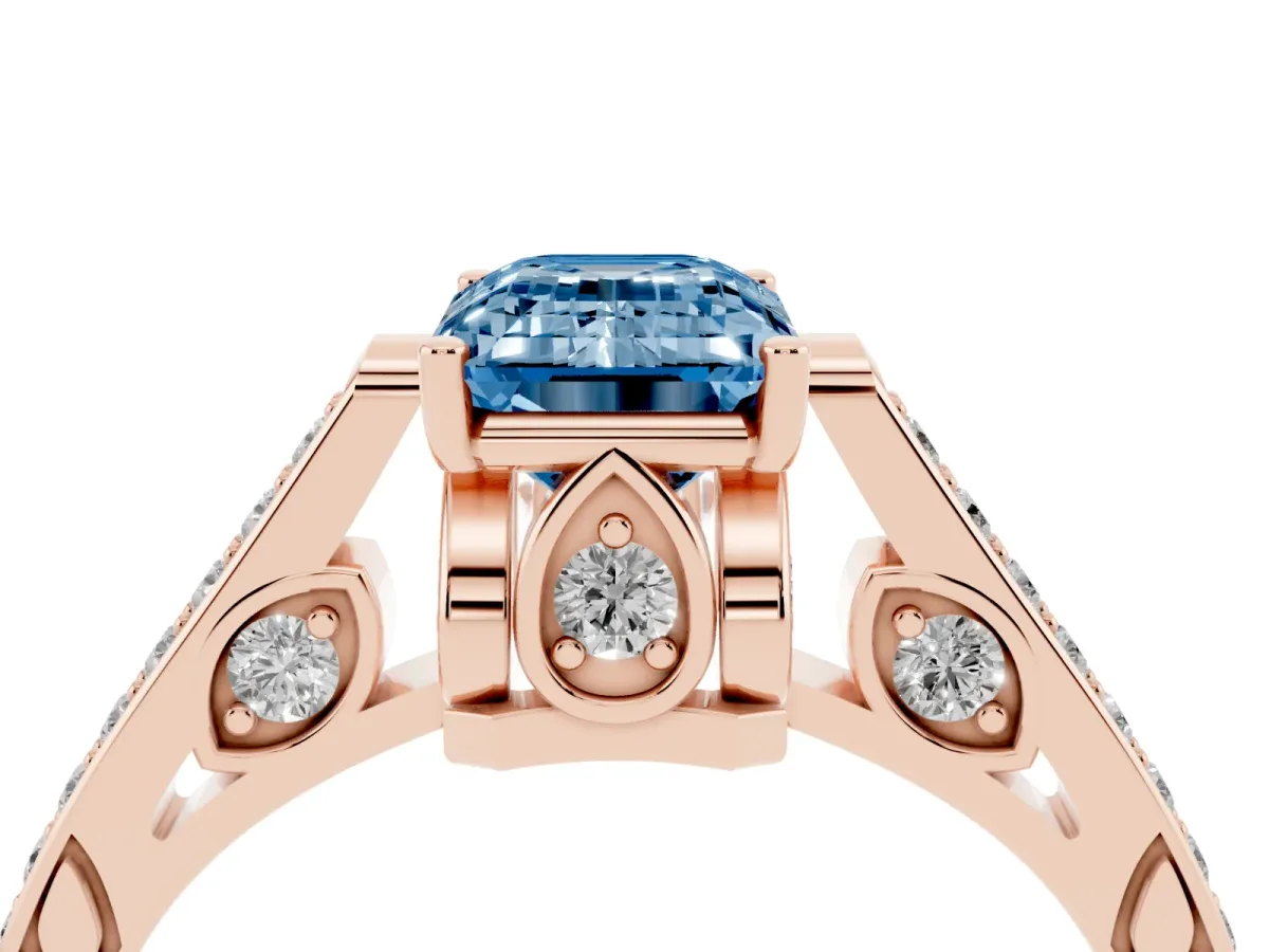 Fancy Blue Emerald Cut Cut Cathedral Pave Diamond Engagement Ring with Six-Prong Setting Rose gold