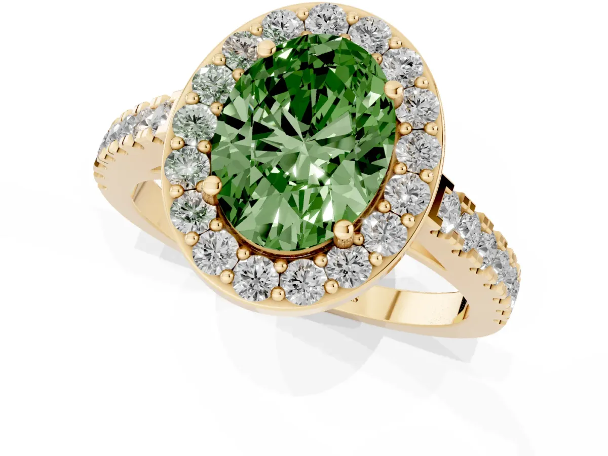 Fancy Green Oval Cut Diamond Halo Ring with Round Pavé Split Shank and Prong Setting Yellow gold