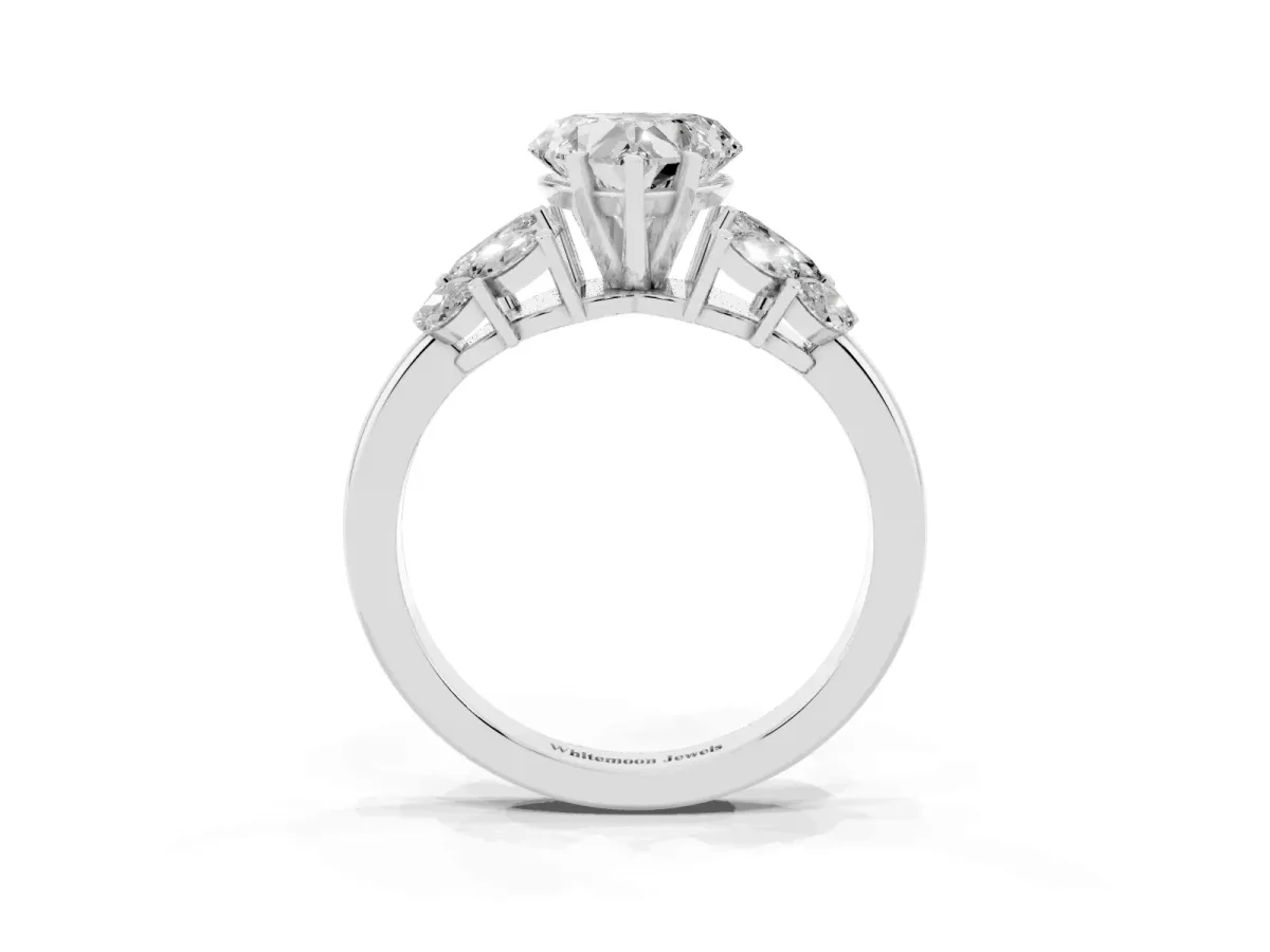 Heart Cut Diamond Cluster Leaf Design Ring with Prong Setting Silver