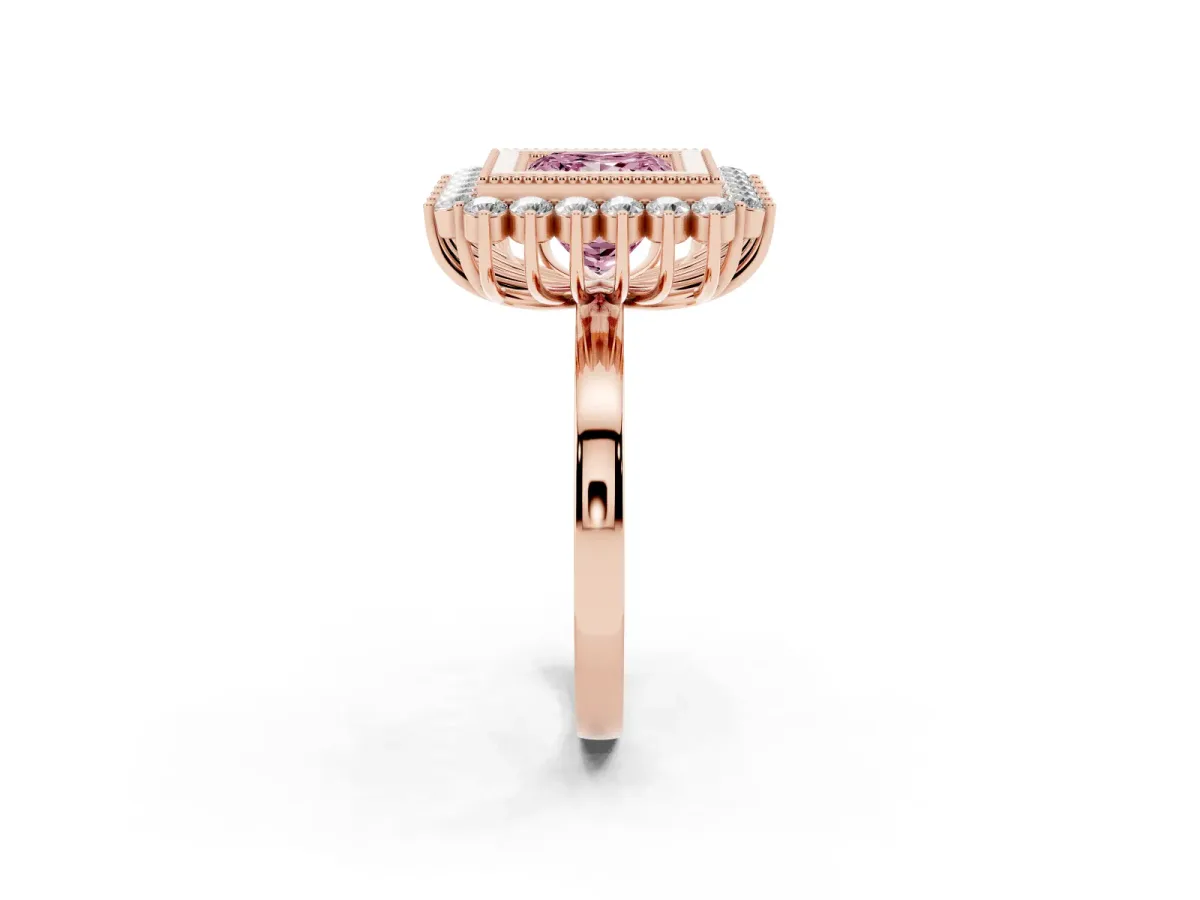 Fancy Pink Princess Cut Halo Diamond Ring with Milgrain Edge and Round Prong Setting Rose gold
