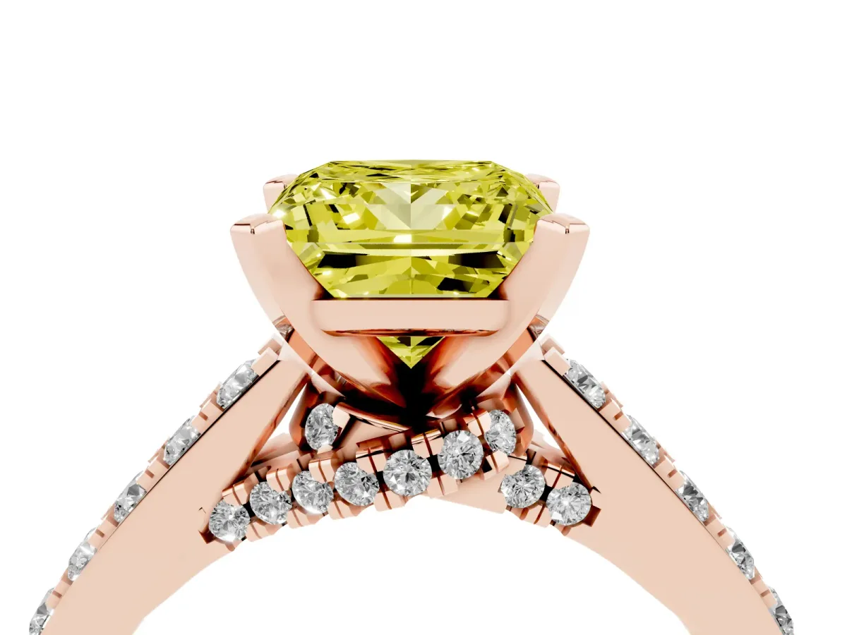 Fancy Yellow Princess Cut Diamond Solitaire Ring with Crossover Gallery and Round Pavé Band Rose gold
