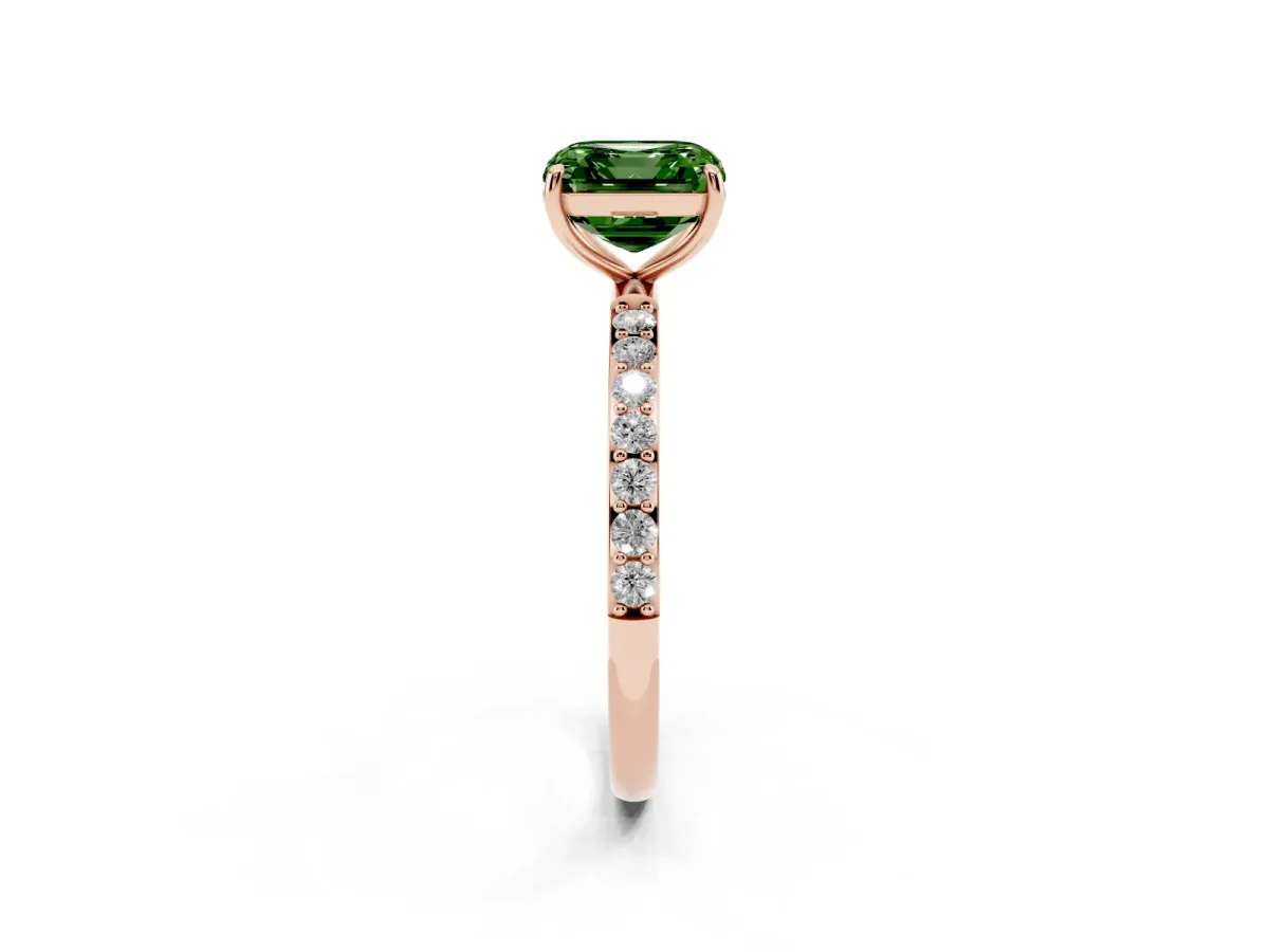 Fancy Green Asscher Cut Diamond Solitaire Ring with Round Pavé Shoulders and Prong Setting Rose gold