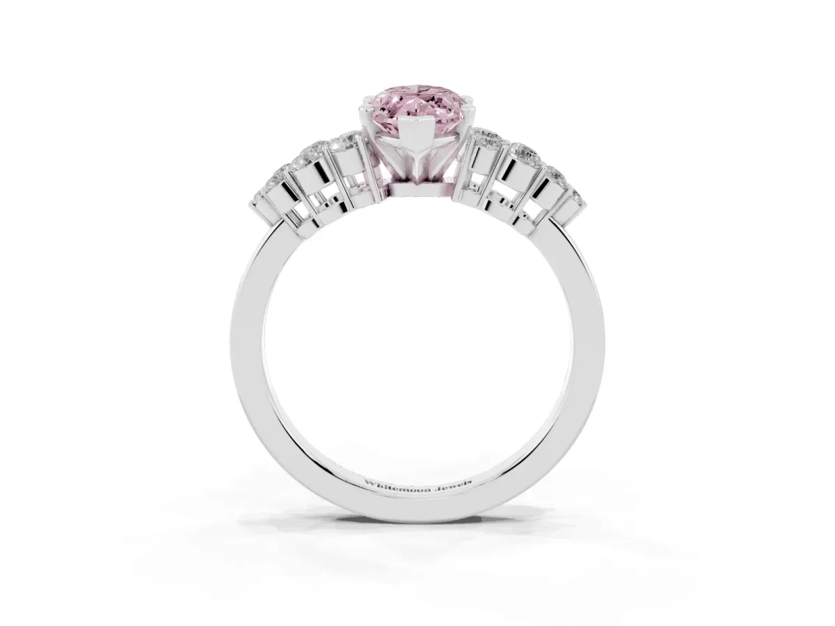 Fancy Pink Marquise Cut Cluster Diamond Engagement Ring with Pavé Band and Four-Prong Setting Silver
