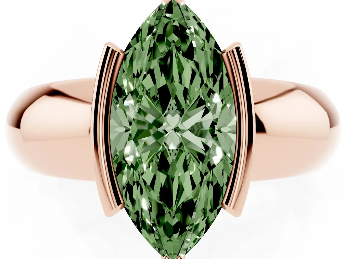 Fancy Green Marquise Cut Solitaire Tension Set Diamond Ring with Wide Band Rose gold