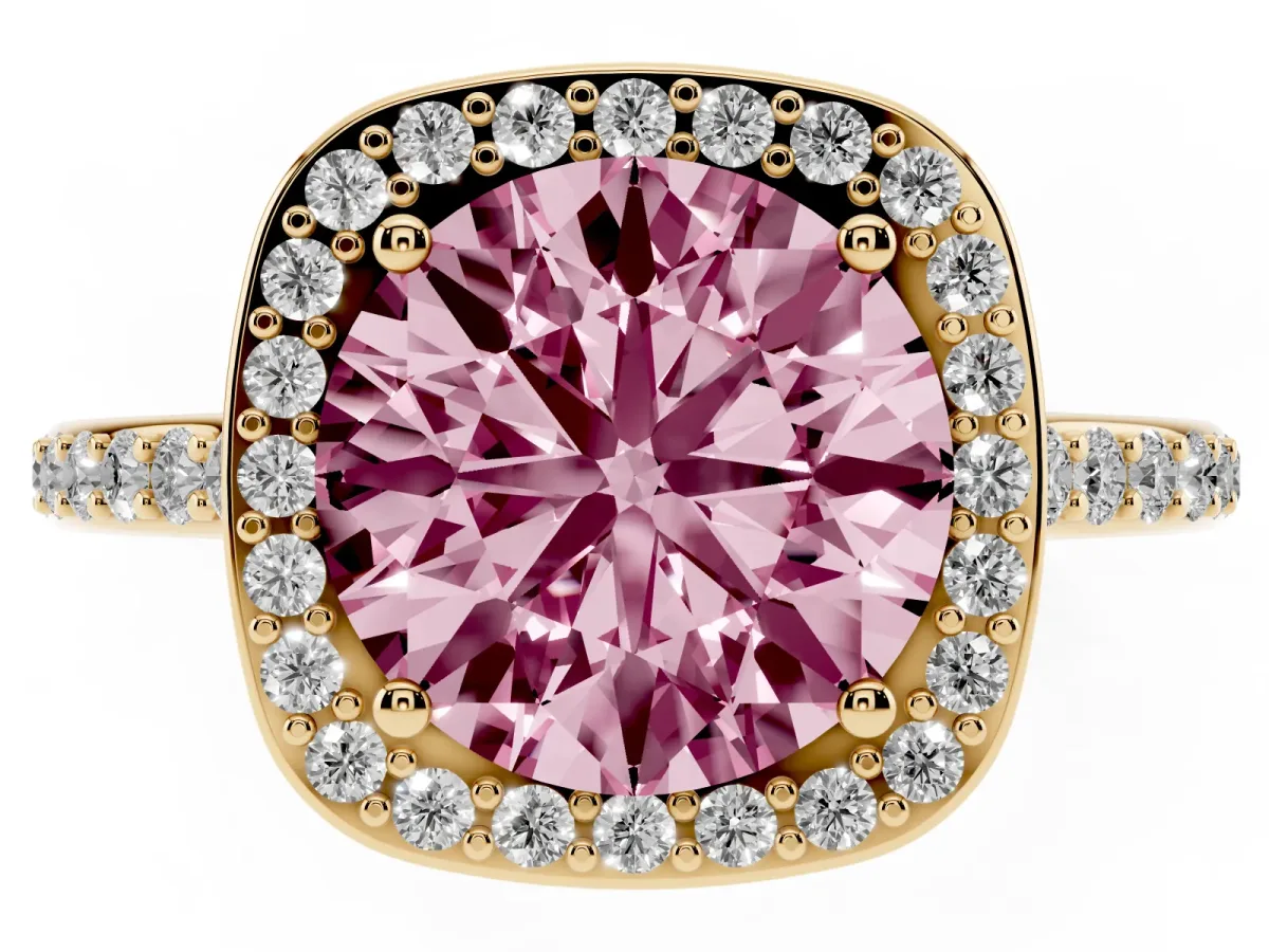 Fancy Pink Round Cut Diamond Halo Engagement Ring with Round Pavé Shoulders and Prong Setting Yellow gold