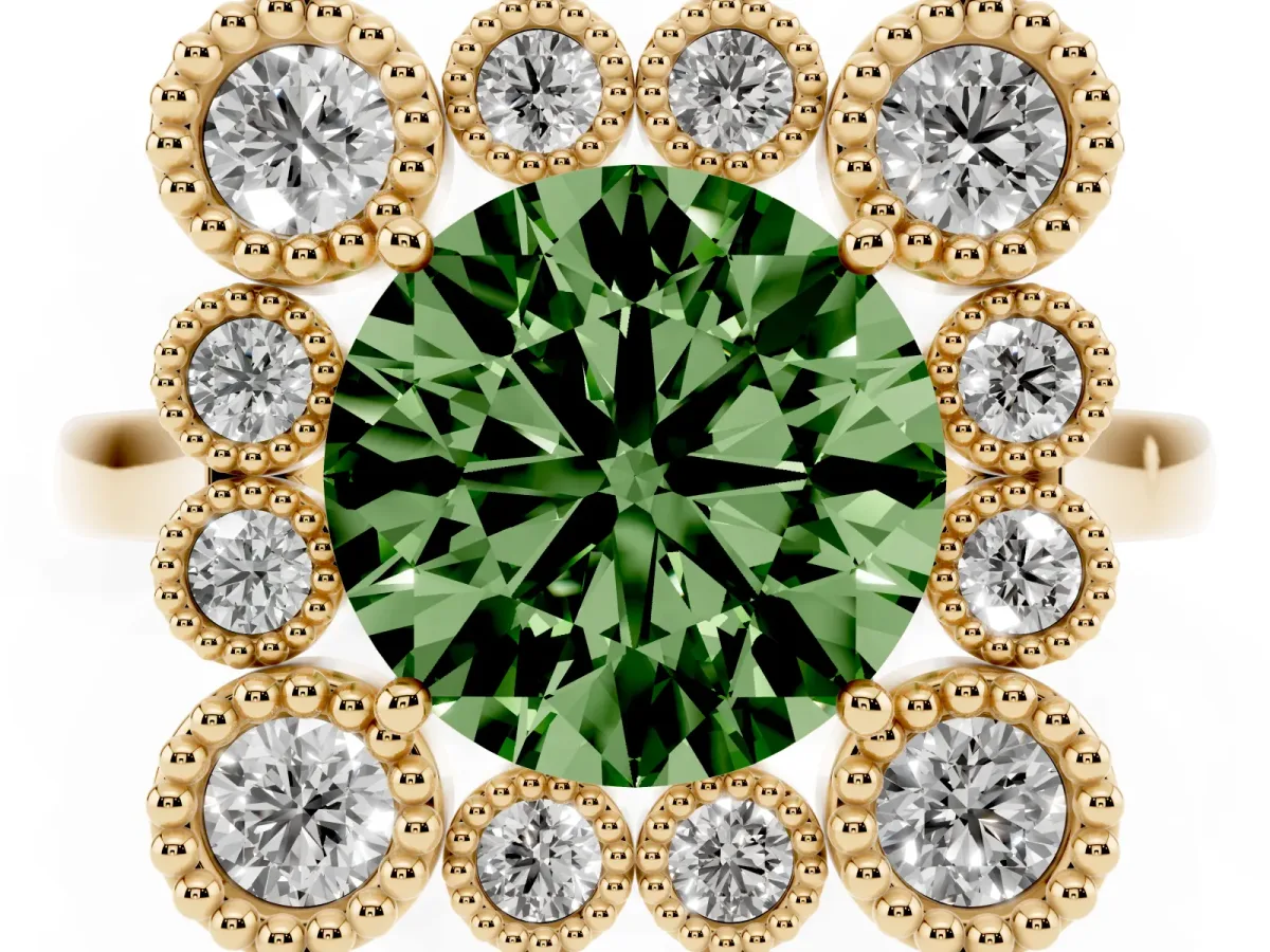 Fancy Green Round Cut Halo Diamond Cluster Engagement Ring with Milgrain Bezel Setting and Solitaire Band Yellow gold