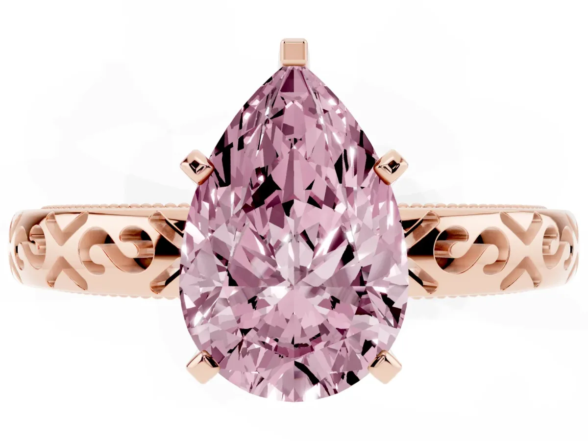 Fancy Pink Pear Cut Solitaire Engagement Ring with Scrollwork Band and Four-Prong Setting Rose gold