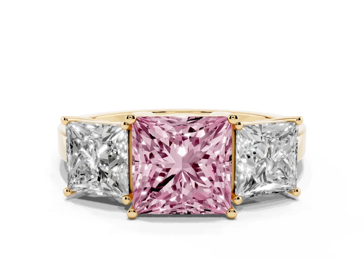 Fancy Pink Three-Stone Princess Cut Cut Diamond Engagement Ring with Flat Band and Four-Prong Setting Yellow gold