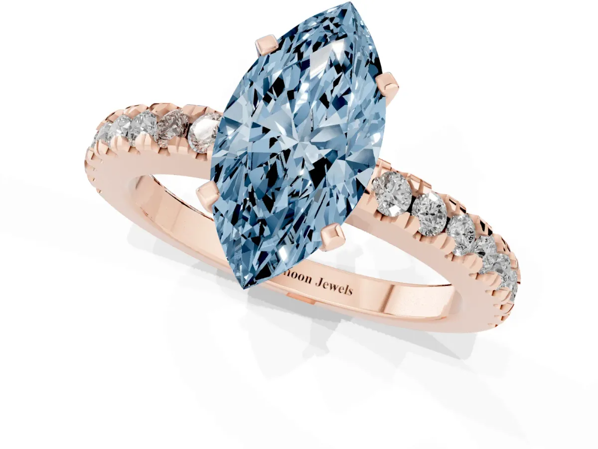 Fancy Blue Marquise Cut Solitaire Diamond with Pavé Band and Four-Prong Setting Rose gold