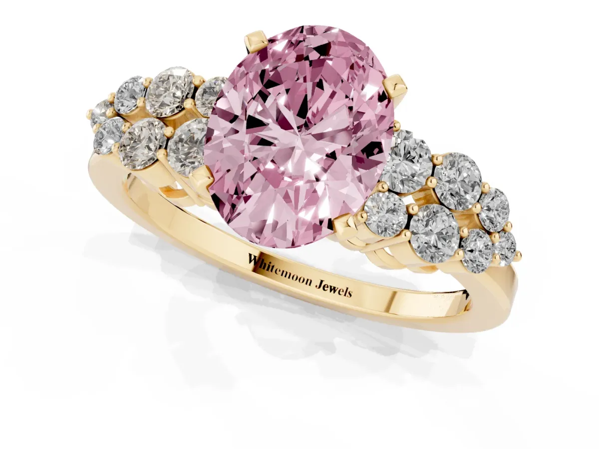 Fancy Pink Oval Cut Cluster Diamond Engagement Ring with Pavé Band and Four-Prong Setting Yellow gold