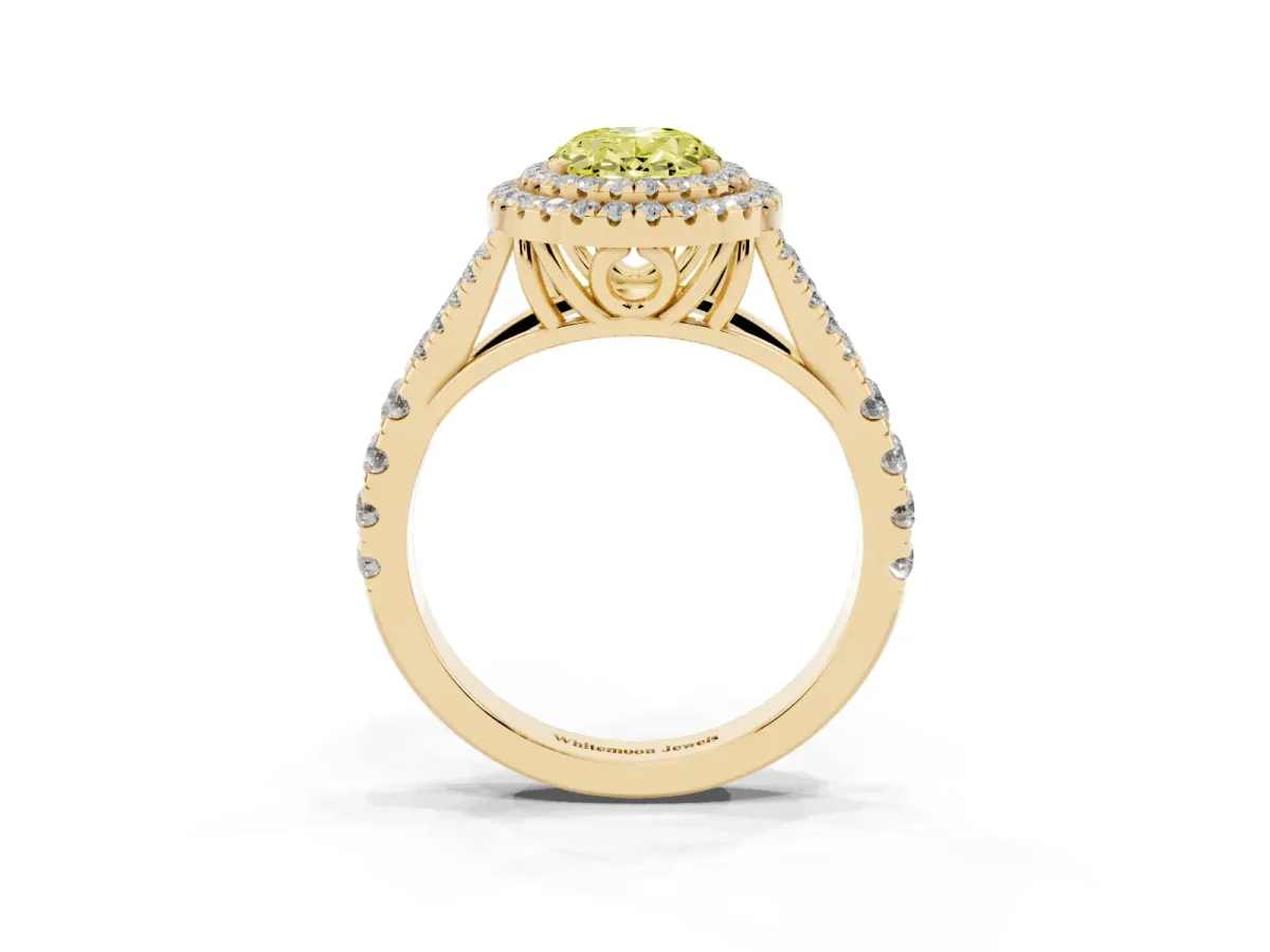 Fancy Yellow Oval Cut Cut Double Halo Split Shank Diamond Ring with Prong Setting Yellow gold