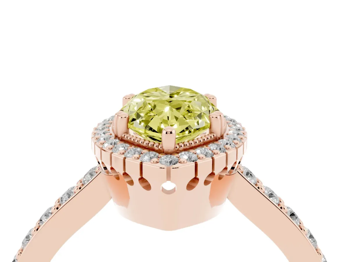 Fancy Yellow Marquise Cut Cut Diamond Halo Engagement Ring with Milgrain Detail and Pavé Band Rose gold