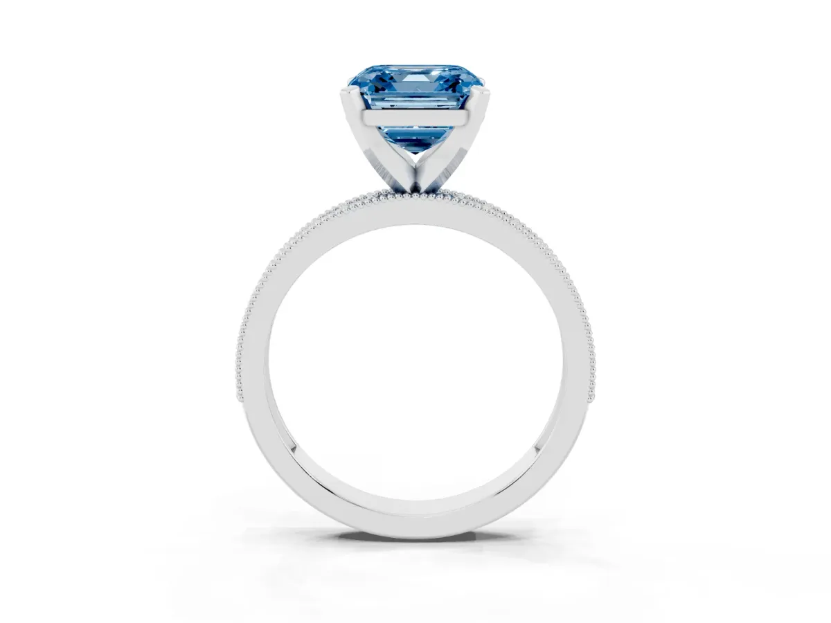 Fancy Blue Asscher Cut Diamond Milgrain Pavé Engagement Ring with Four-Prong Setting Silver