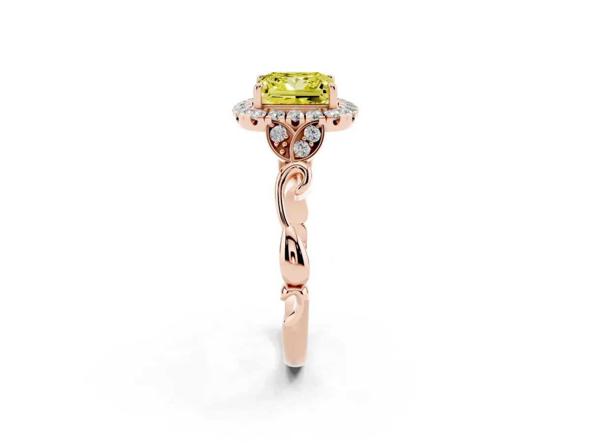 Fancy Yellow Princess Cut Halo Diamond Engagement Ring with Vintage-Inspired Band and Four-Prong Setting Rose gold