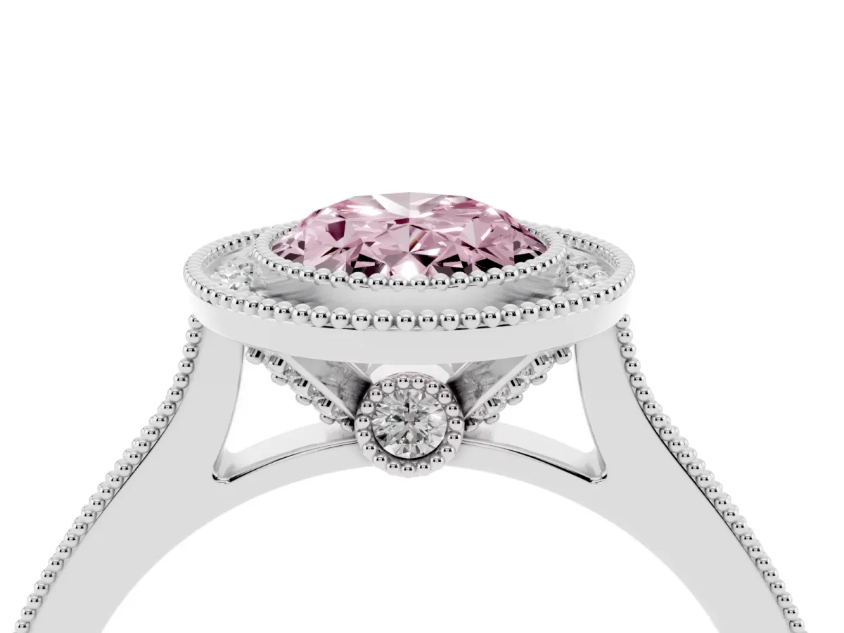 Fancy Pink Halo Oval Cut-Cut Diamond Pave Band Milgrain Prong Setting Ring Silver